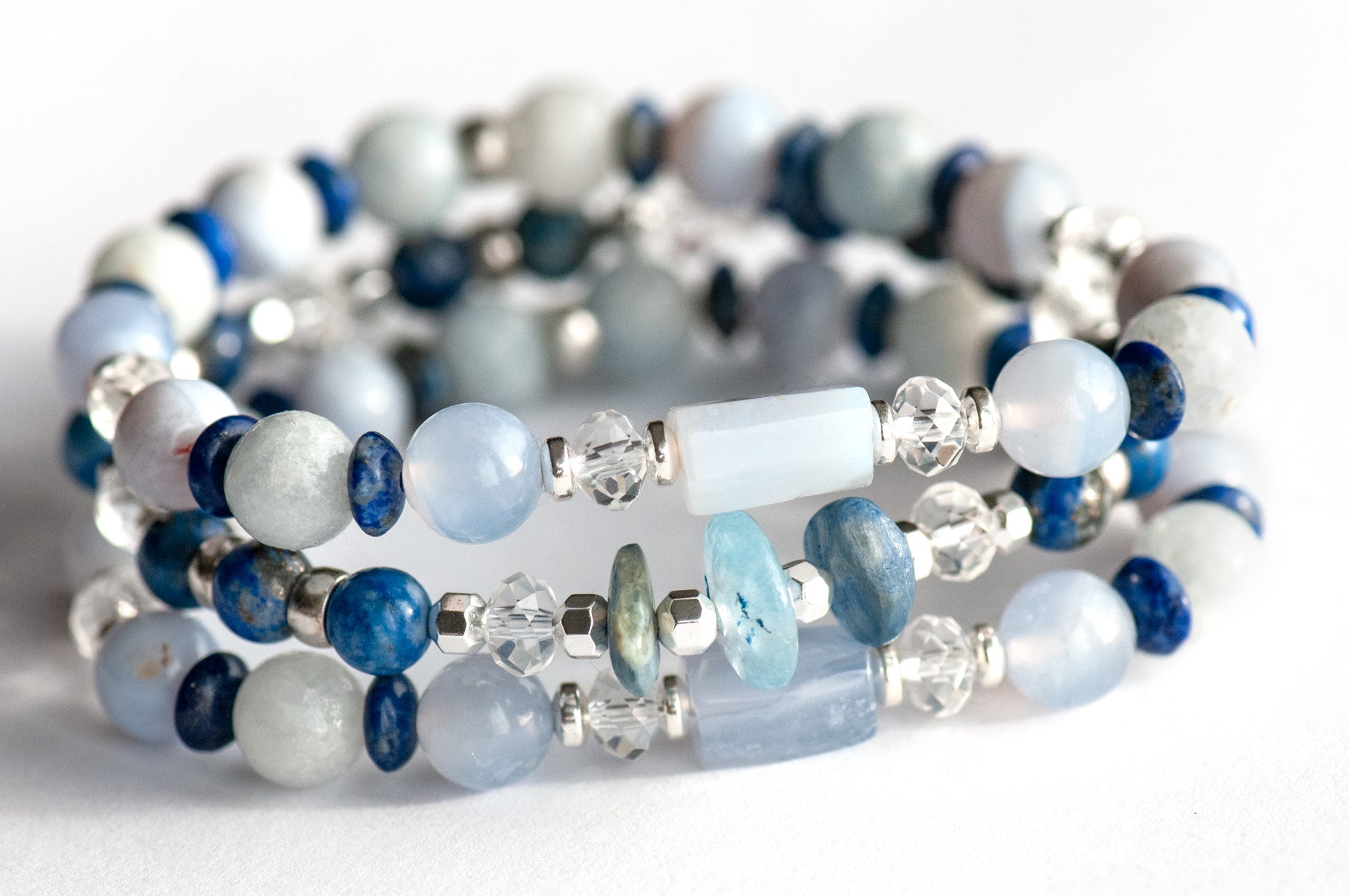 Fierce Air Elemental bracelet set featuring natural blue kyanite, lapis lazuli, blue lace agate, and celestite with silver-plated hematite spacers
