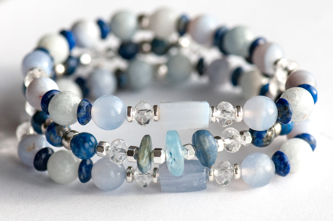 Fierce Air Elemental bracelet set featuring natural blue kyanite, lapis lazuli, blue lace agate, and celestite with silver-plated hematite spacers