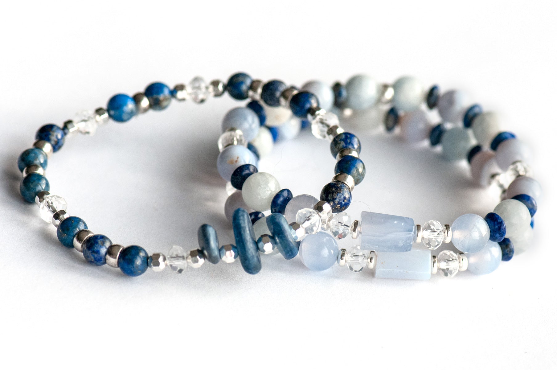 Fierce Air Elemental bracelet set featuring natural blue kyanite, lapis lazuli, blue lace agate, and celestite with silver-plated hematite spacers