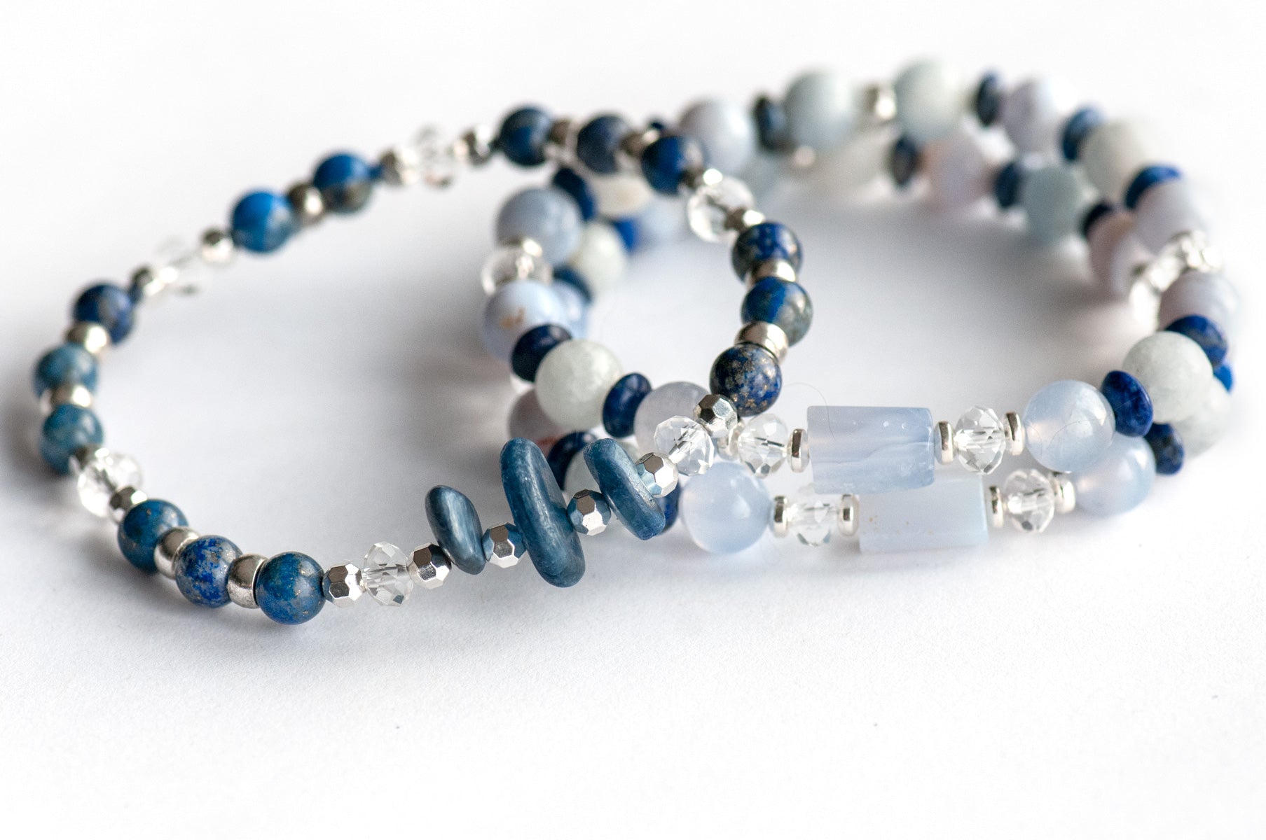 Fierce Air Elemental bracelet set featuring natural blue kyanite, lapis lazuli, blue lace agate, and celestite with silver-plated hematite spacers