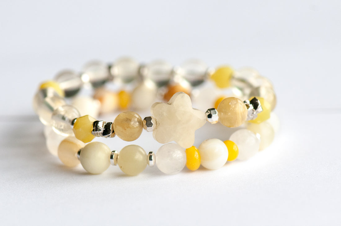 Narcissus Bracelet Set: Lemon Quartz, Lepidolite & Mother of Pearl celebrate December's birth flower — radiant hope and light through the darkest days of winter.