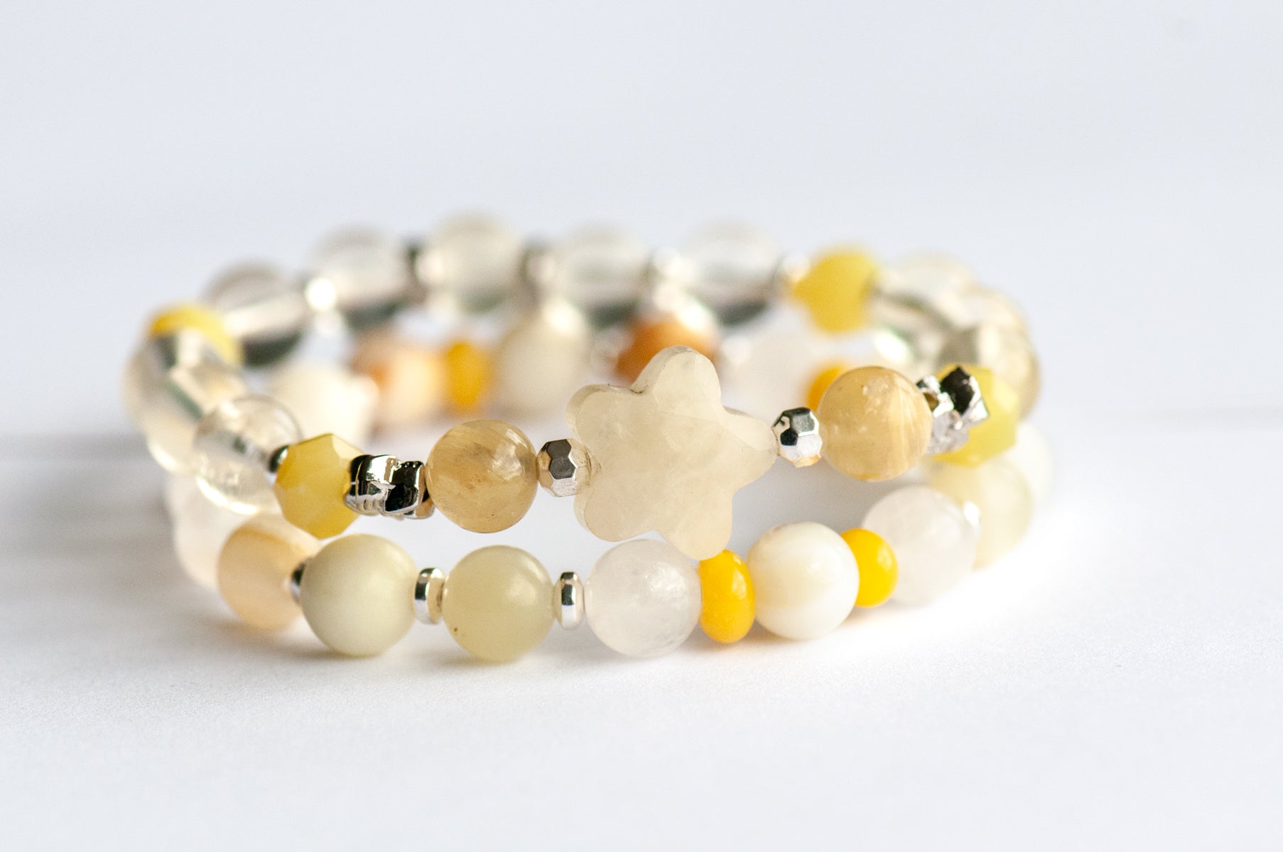 Narcissus Bracelet Set: Lemon Quartz, Lepidolite & Mother of Pearl celebrate December's birth flower — radiant hope and light through the darkest days of winter.