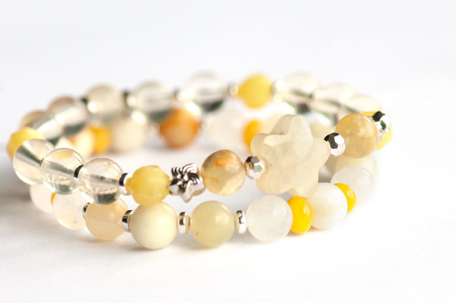 Narcissus Bracelet Set: Lemon Quartz, Lepidolite & Mother of Pearl celebrate December's birth flower — radiant hope and light through the darkest days of winter.