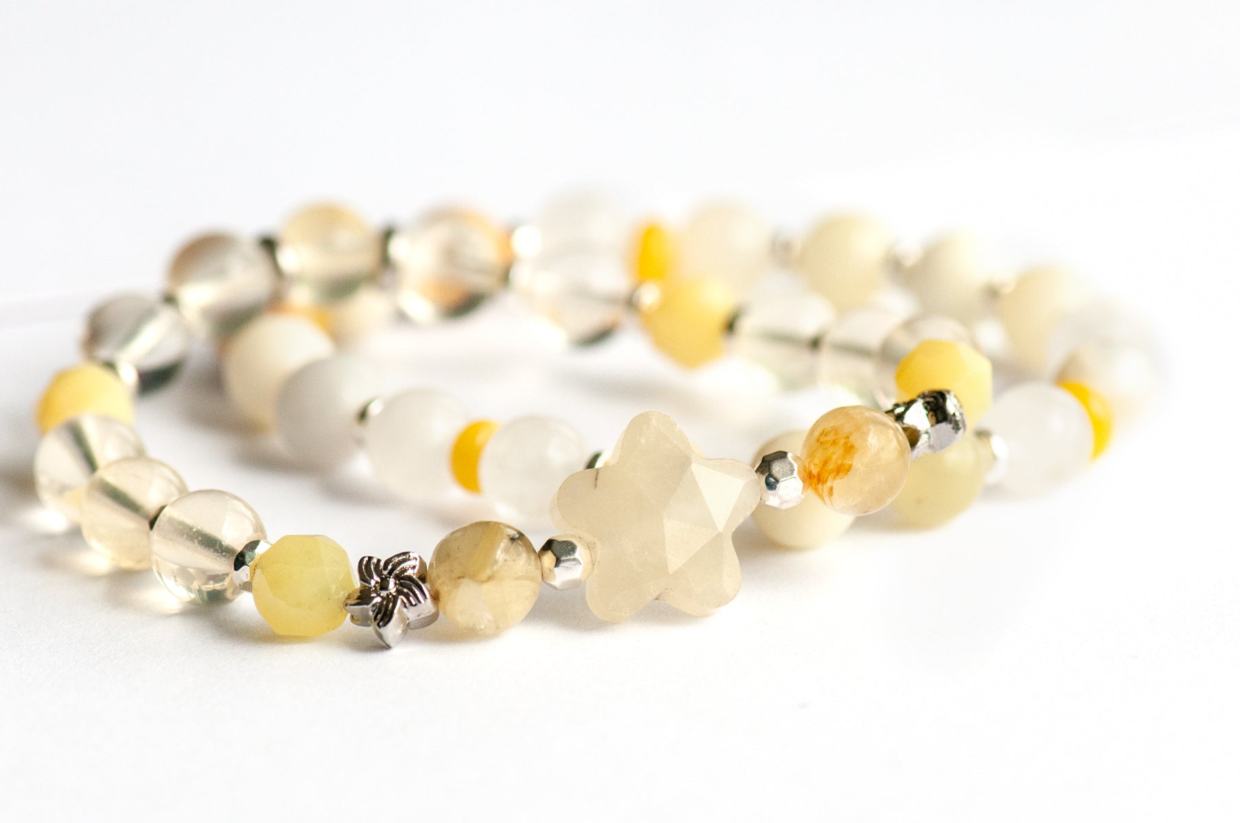 Narcissus Bracelet Set: Lemon Quartz, Lepidolite & Mother of Pearl celebrate December's birth flower — radiant hope and light through the darkest days of winter.