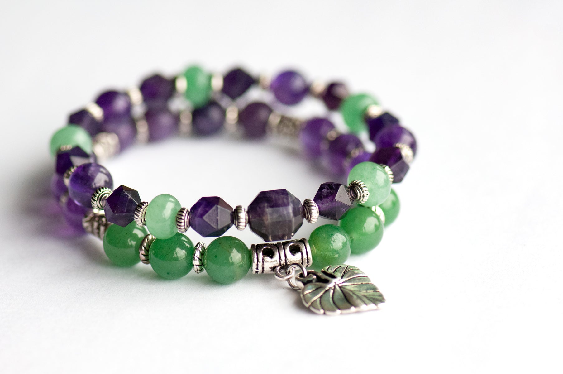 Violet Bracelet Set: Amethyst, Lepidolite &amp; Green Aventurine celebrate February's birth flower — quiet resilience and loyalty in soft purple and green.