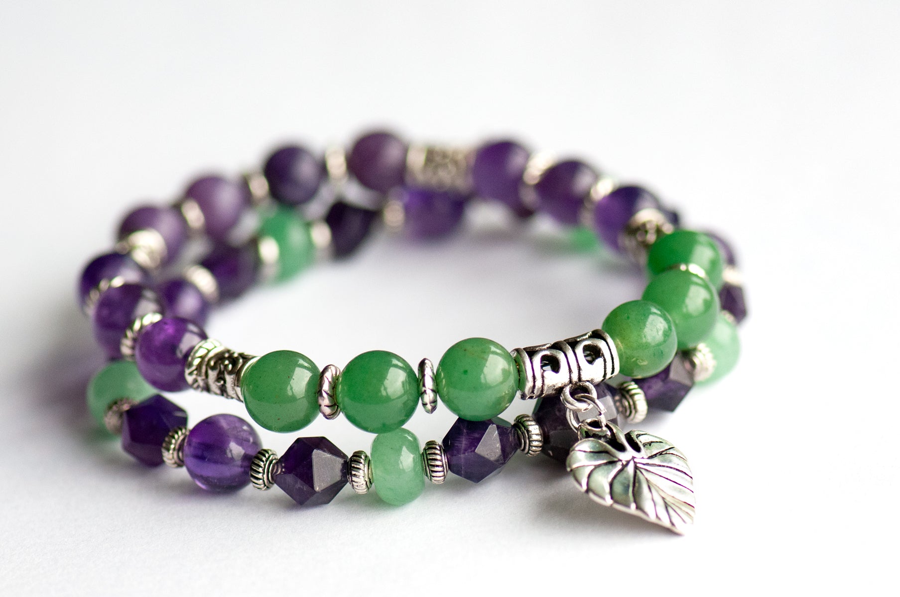 Violet Bracelet Set: Amethyst, Lepidolite &amp; Green Aventurine celebrate February's birth flower — quiet resilience and loyalty in soft purple and green.