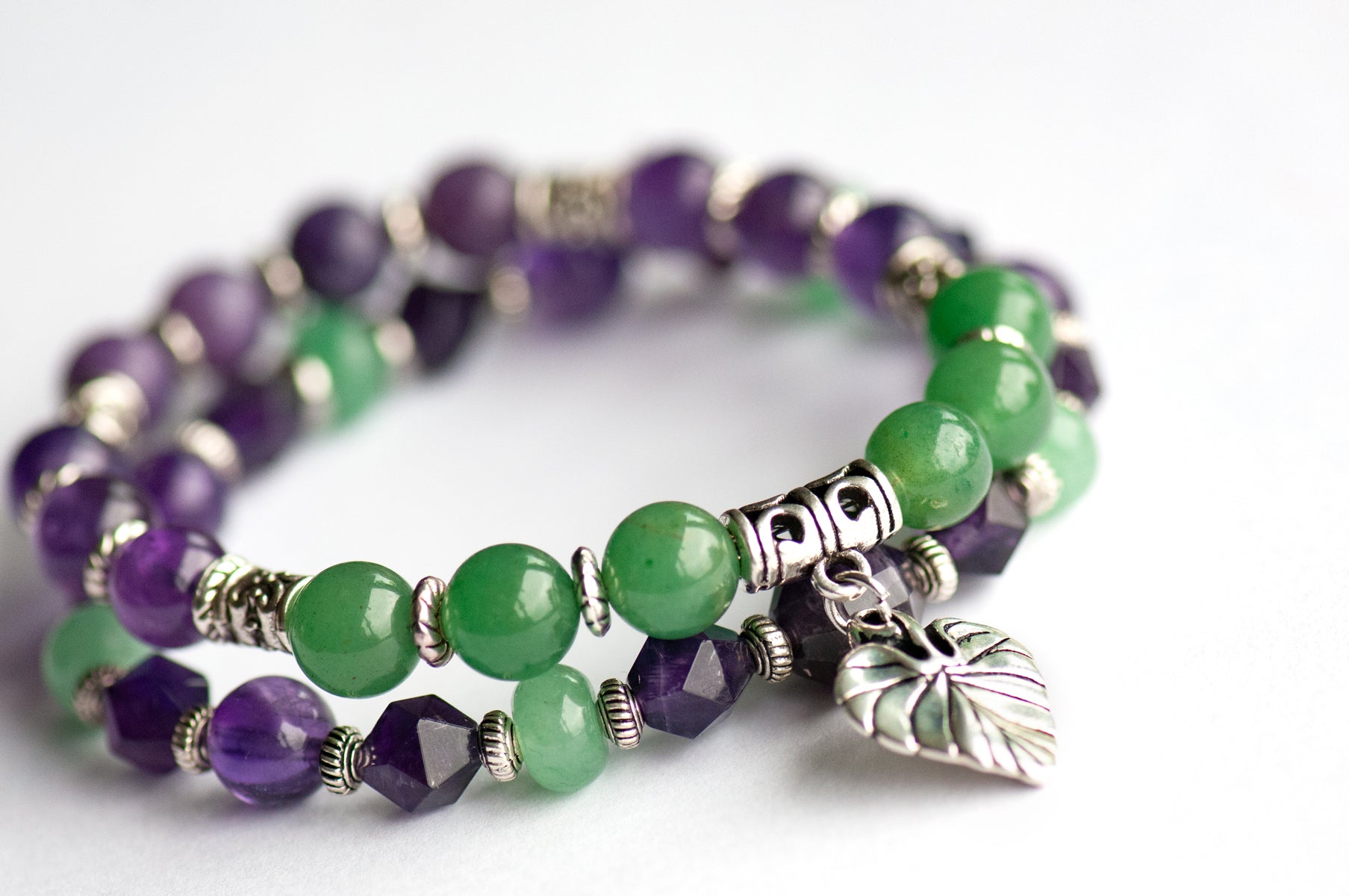 Violet Bracelet Set: Amethyst, Lepidolite &amp; Green Aventurine celebrate February's birth flower — quiet resilience and loyalty in soft purple and green.