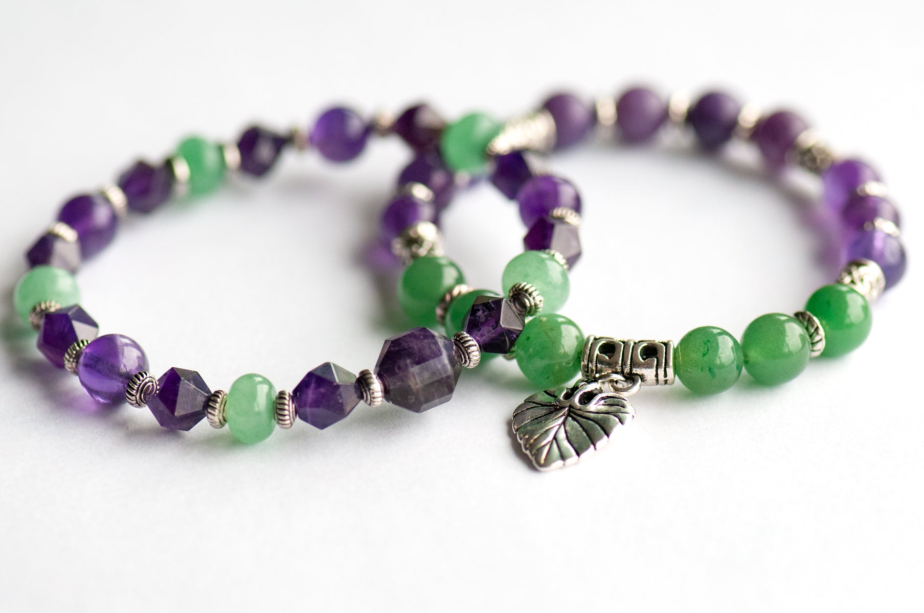 Violet Bracelet Set: Amethyst, Lepidolite &amp; Green Aventurine celebrate February's birth flower — quiet resilience and loyalty in soft purple and green.