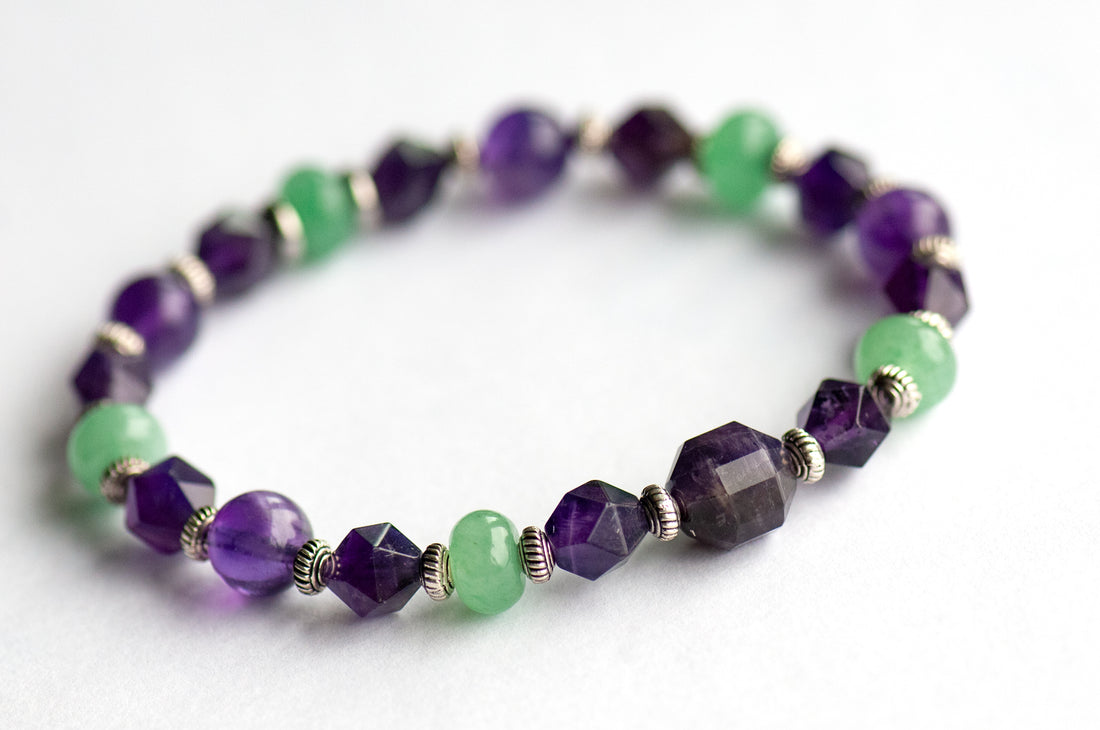 Violet Bracelet Set: Amethyst, Lepidolite &amp; Green Aventurine celebrate February's birth flower — quiet resilience and loyalty in soft purple and green.