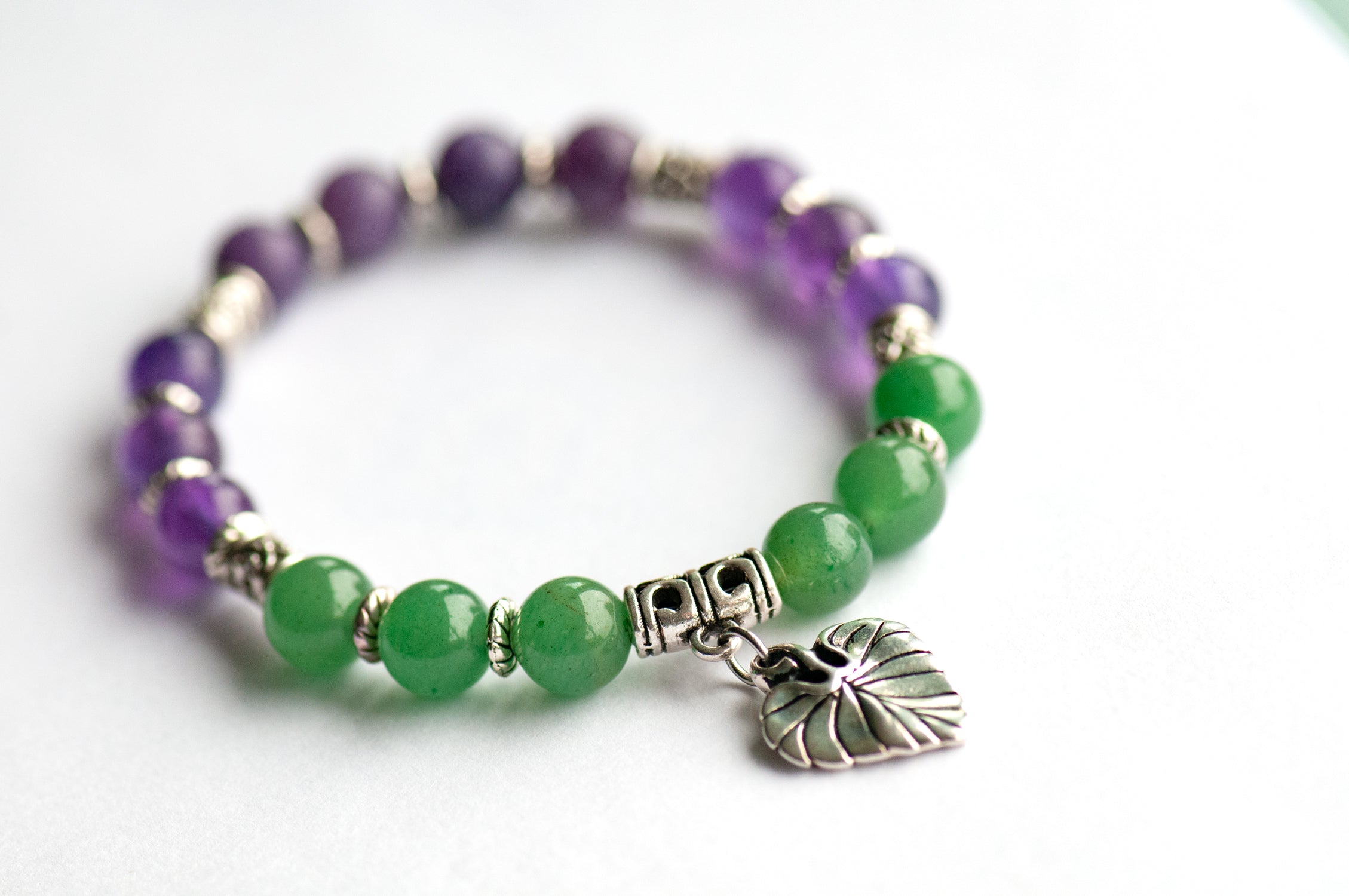 Violet focal Bracelet: Amethyst, Lepidolite &amp; Green Aventurine celebrate February's birth flower — quiet resilience and loyalty in soft purple and green.