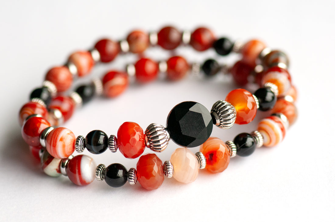 Poppy Bracelet Set: Black Onyx, Red Agate & Flower Poppy Jasper celebrate August's birth flower — bold resilience in deep burnt reds and grounding black.