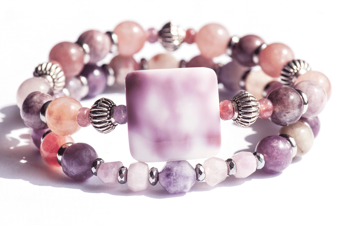 Aster September birth flower bracelet set — front view, featuring Kunzite, Pink Tourmaline in Lepidolite and Purple Mica