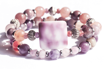 Aster September birth flower bracelet set — front view, featuring Kunzite, Pink Tourmaline in Lepidolite and Purple Mica