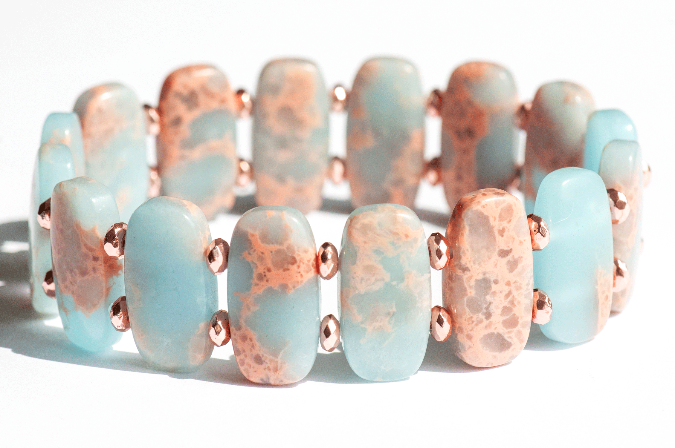 Coral Seas Impression Jasper cuff bracelet with rose gold spacers