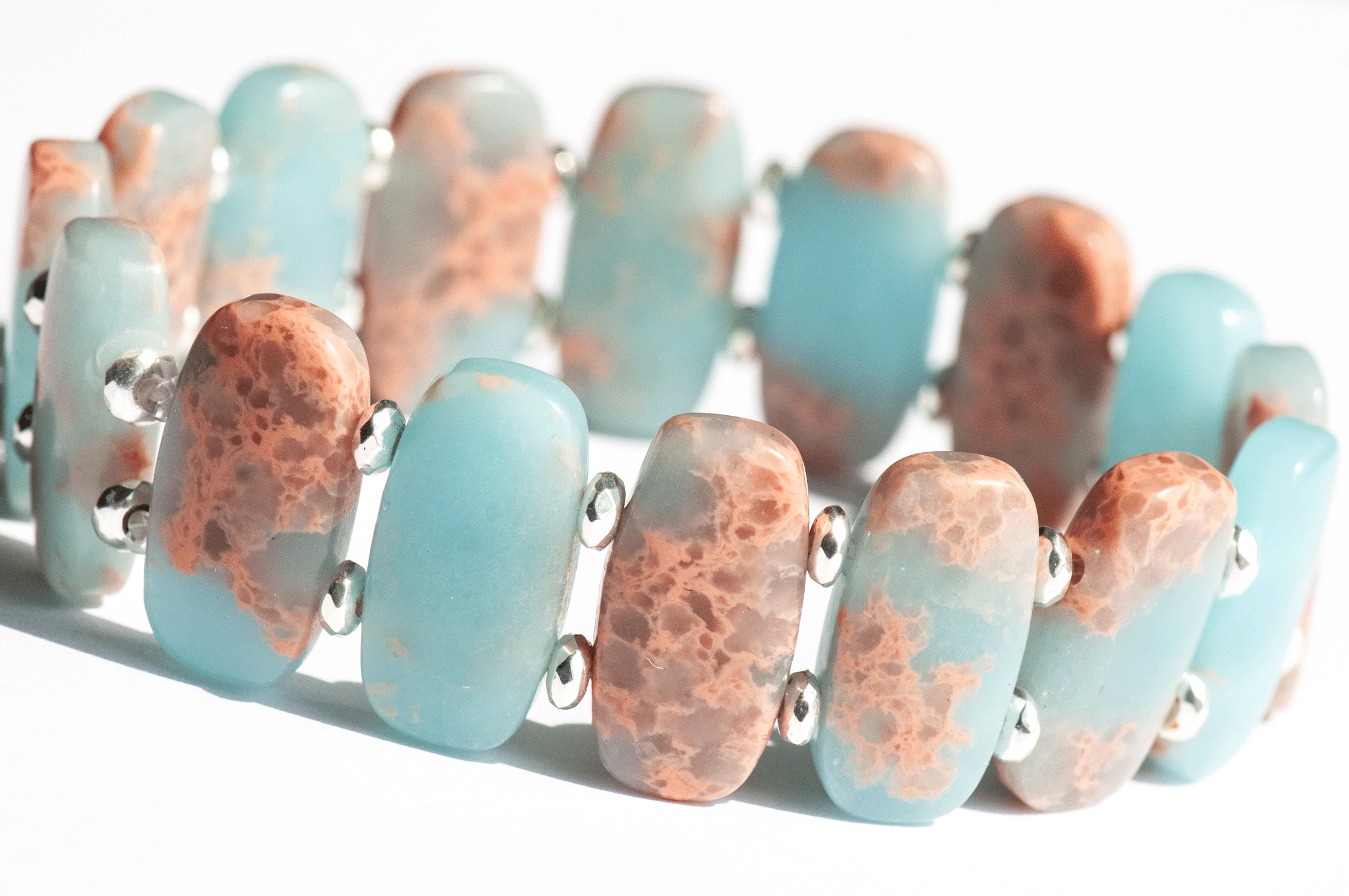 Coral Seas Impression Jasper cuff bracelet with silver spacers