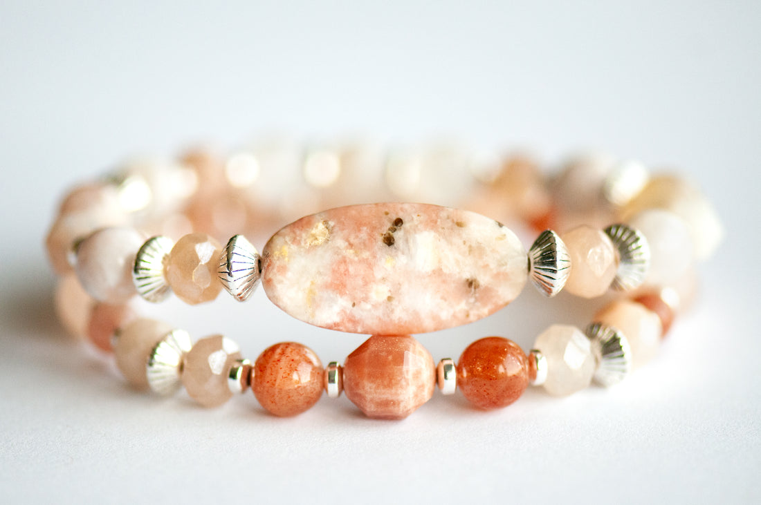 Chrysanthemum November birth flower bracelet set — front view, two bracelets featuring twisted Pink Calcite and Yellow Turquoise oval with Golden Sunstone and Peach Moonstone