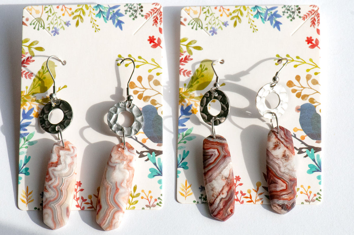 Limited-edition Mexican Laguna Lace Agate gemstone earrings from the Fierce Lynx Designs Stone Story collection