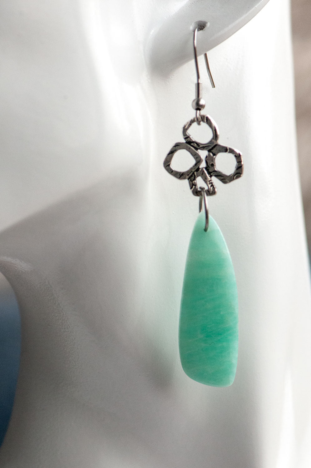 Amazonite fan earrings worn on the ear, showing their 8 cm total length