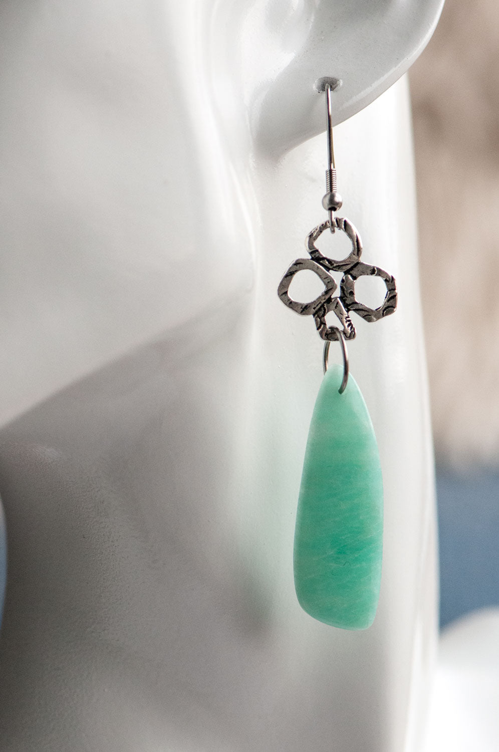Amazonite fan earrings worn on the ear, showing their 8 cm total length
