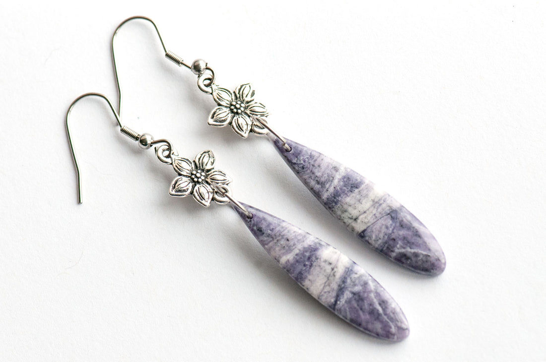 Untreated natural purple opal teardrop earrings on TierraCast Star Jasmine links, handmade in New Brunswick, Canada