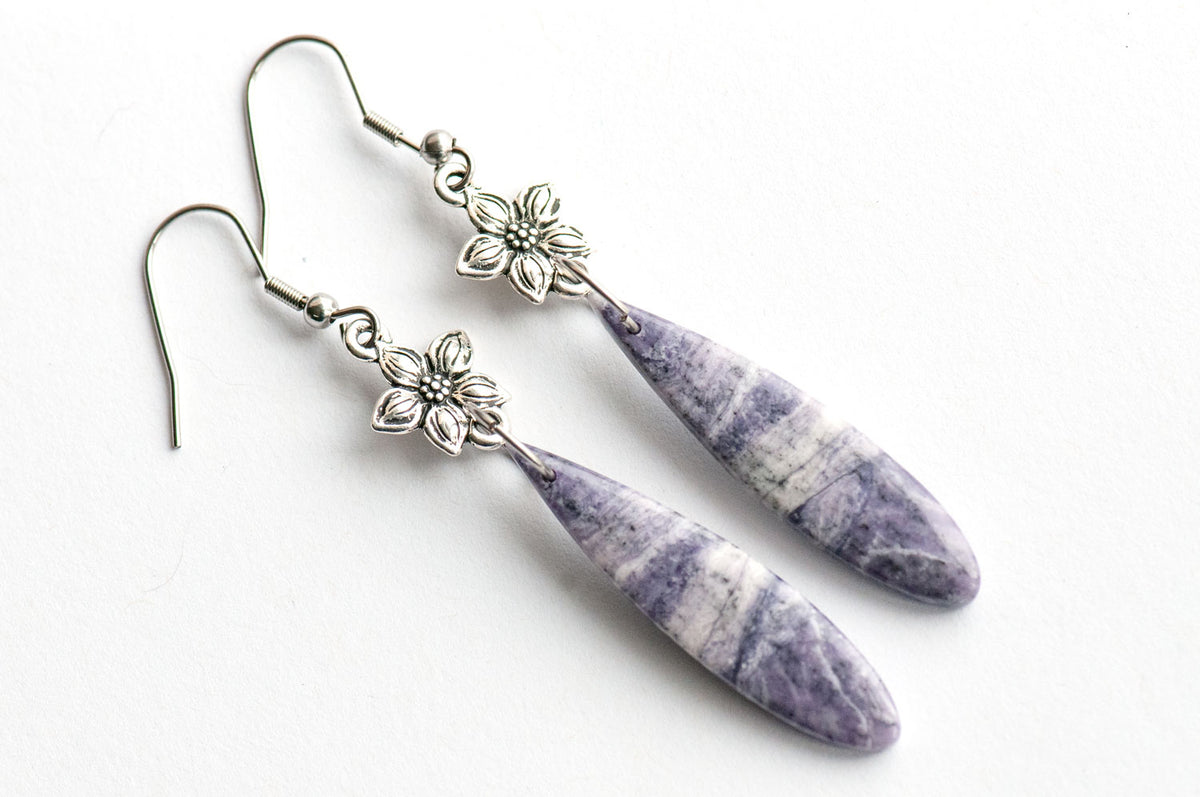 Untreated natural purple opal teardrop earrings on TierraCast Star Jasmine links, handmade in New Brunswick, Canada
