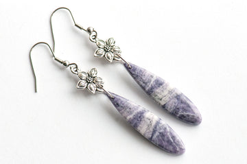 Untreated natural purple opal teardrop earrings on TierraCast Star Jasmine links, handmade in New Brunswick, Canada