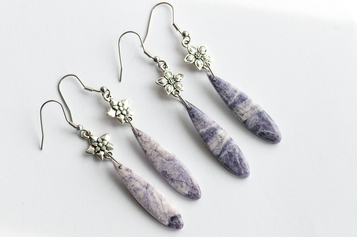 Handmade purple opal gemstone earrings from the Fierce Lynx Designs Stone Story collection