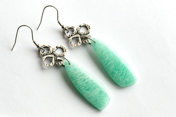 Natural Brazilian Amazonite fan earrings in blue-green with white veining on antiqued silver-plated links, handmade in Canada