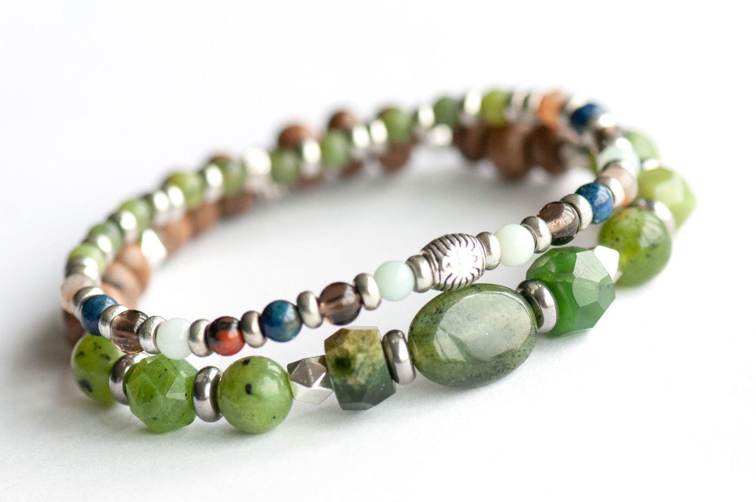 British Columbia Lynx Bracelet Set – Two handmade gemstone bracelets featuring BC Jade, Amazonite, Petrified Wood, and customizable charm options