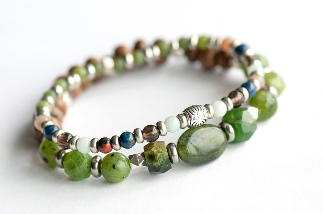 British Columbia Lynx Bracelet Set – Two handmade gemstone bracelets featuring BC Jade, Amazonite, Petrified Wood, and customizable charm options