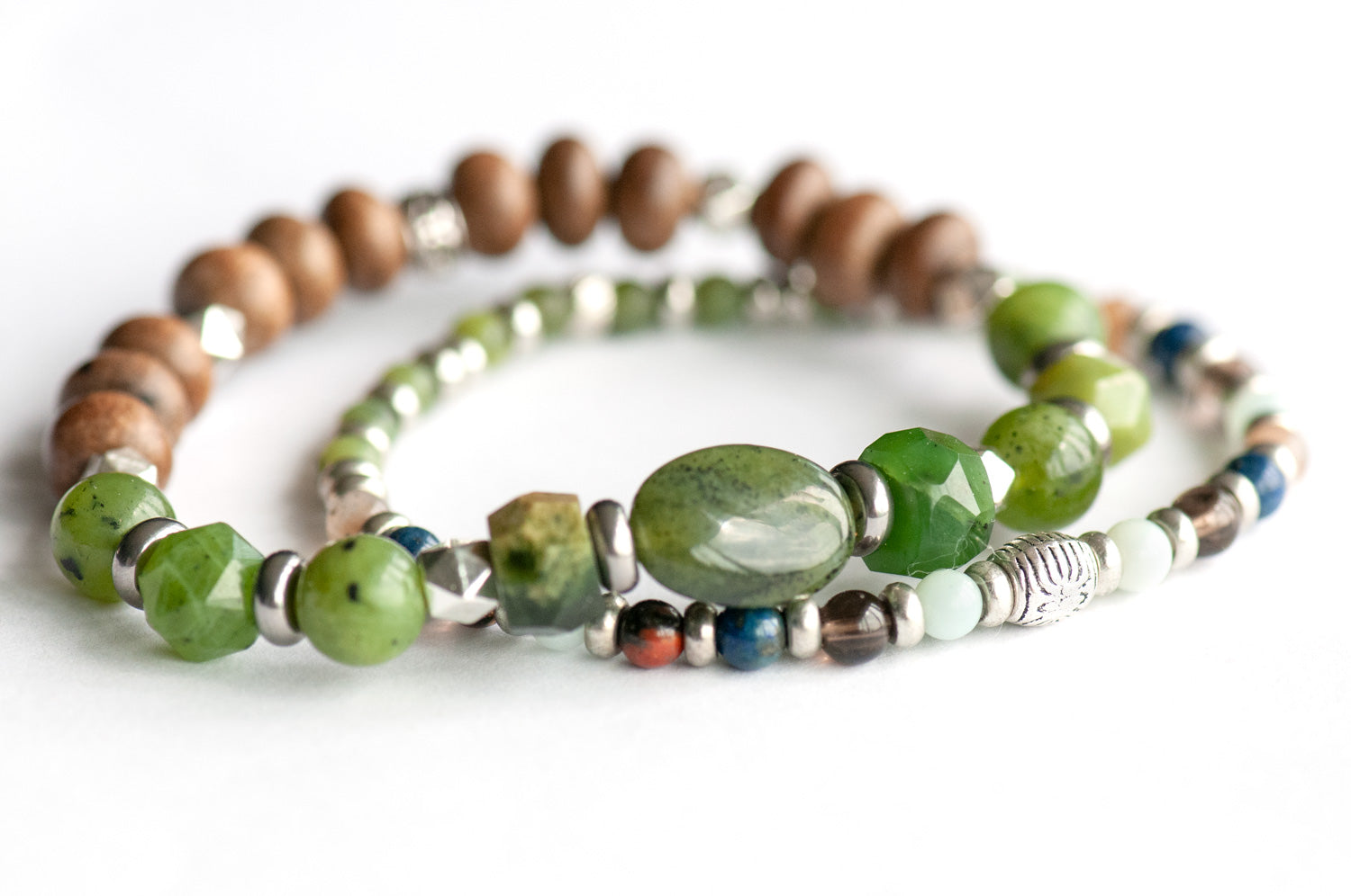 British Columbia Lynx Bracelet Set – Two handmade gemstone bracelets featuring BC Jade, Amazonite, Petrified Wood, and customizable charm options