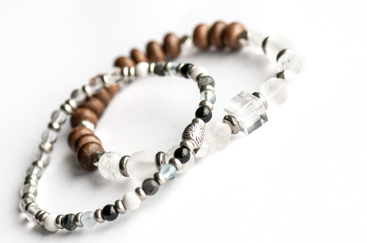 Northwest Territories Lynx Bracelet Set – Two handmade gemstone bracelets featuring Crystal Quartz, Aquamarine, Larvikite, and customizable charm options