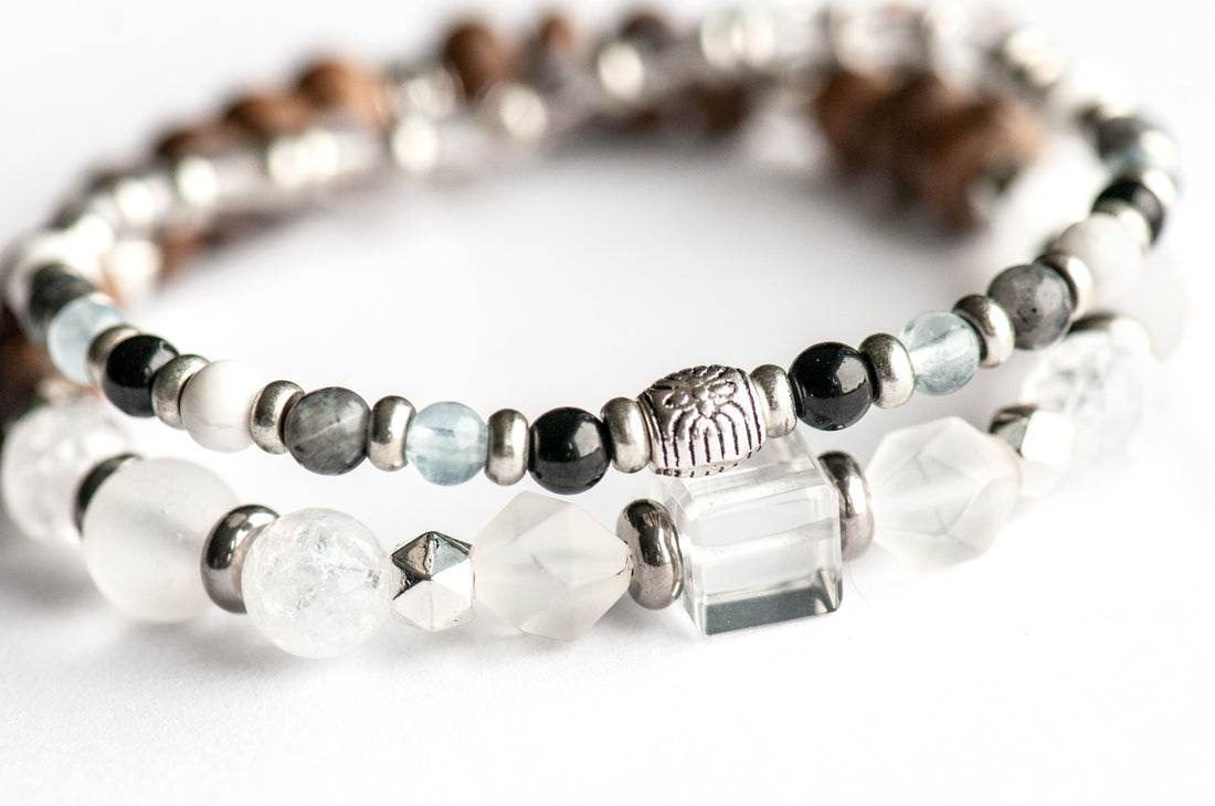 Northwest Territories Lynx Bracelet Set – Two handmade gemstone bracelets featuring Crystal Quartz, Aquamarine, Larvikite, and customizable charm options