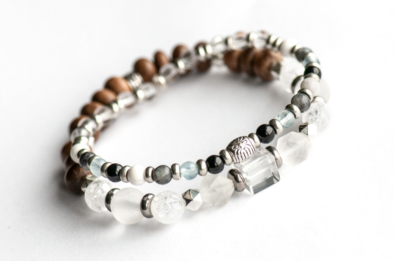 Northwest Territories Lynx Bracelet Set – Two handmade gemstone bracelets featuring Crystal Quartz, Aquamarine, Larvikite, and customizable charm options