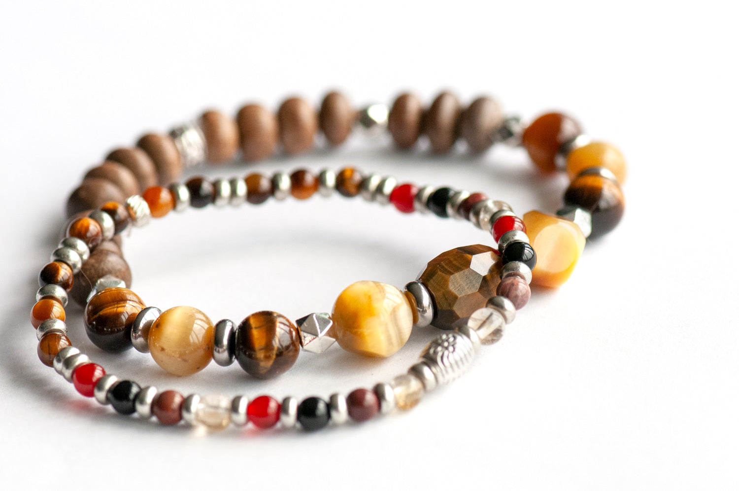 Alberta Lynx Bracelet Set – Two handmade gemstone bracelets featuring Tiger Eye, Carnelian, Mookaite, and customizable charm options