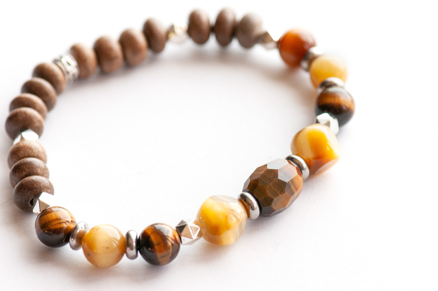 Feature bracelet from Alberta Lynx Set – Faceted Tiger Eye barrel bead with cubes and rounds in golden and natural tones, grey wood beads, and silver spacers