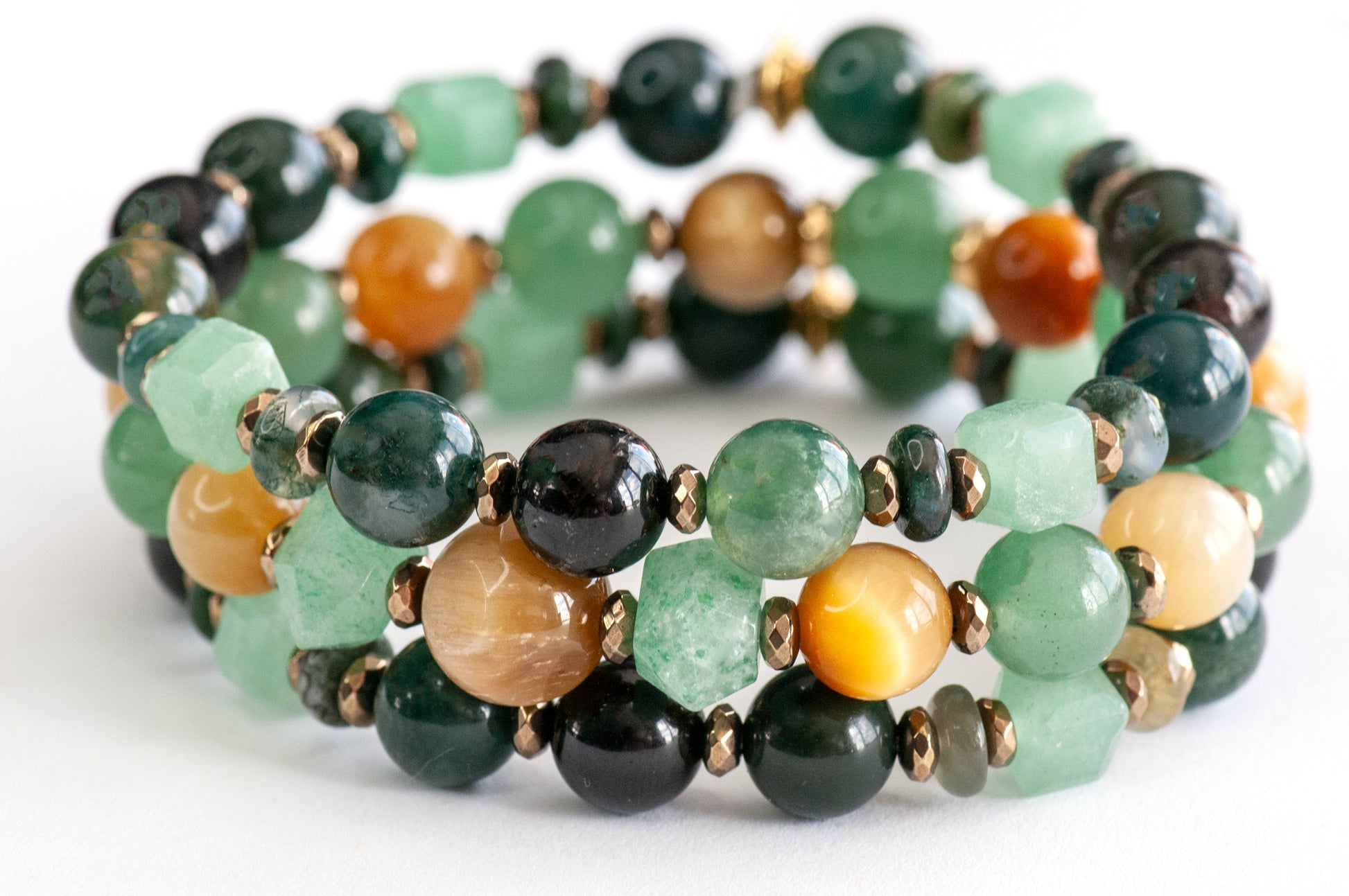 Fierce Earth bracelet set inspired by the Earth element with moss agate and golden tiger eye.