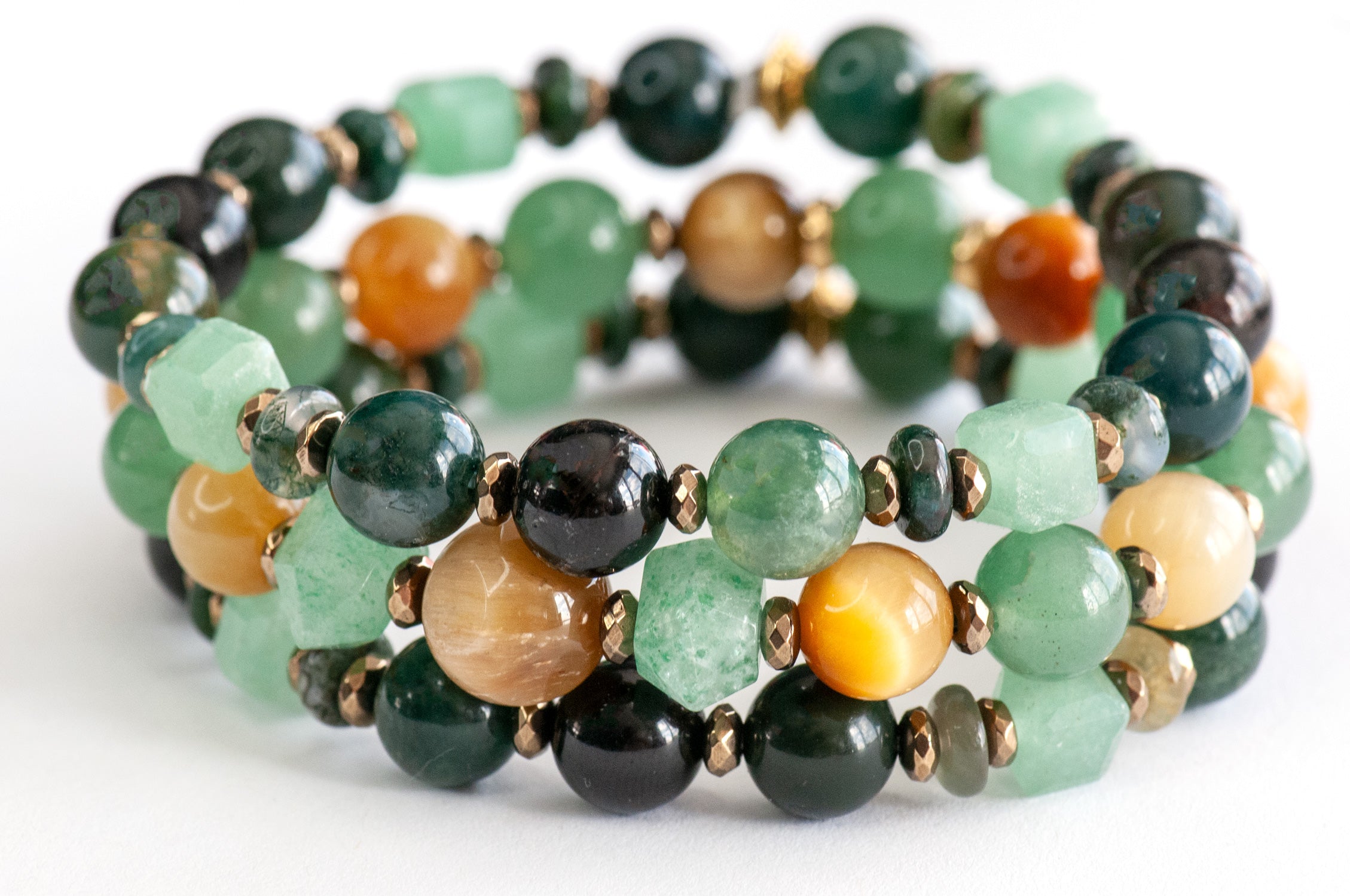 Fierce Earth bracelet set inspired by the Earth element with moss agate and golden tiger eye.