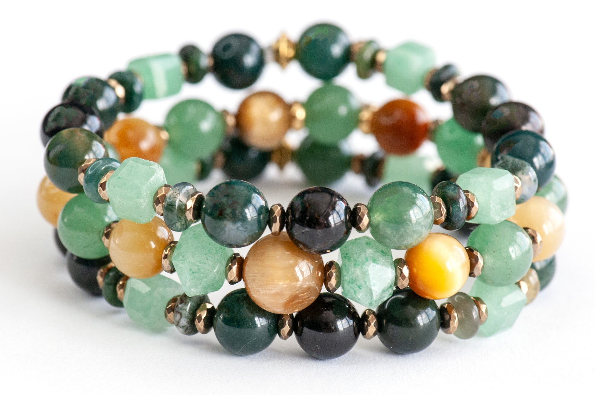 Fierce Earth elemental bracelet set, featuring Tiger Eye, Aventurine, Moss Agate, and Tourmaline
