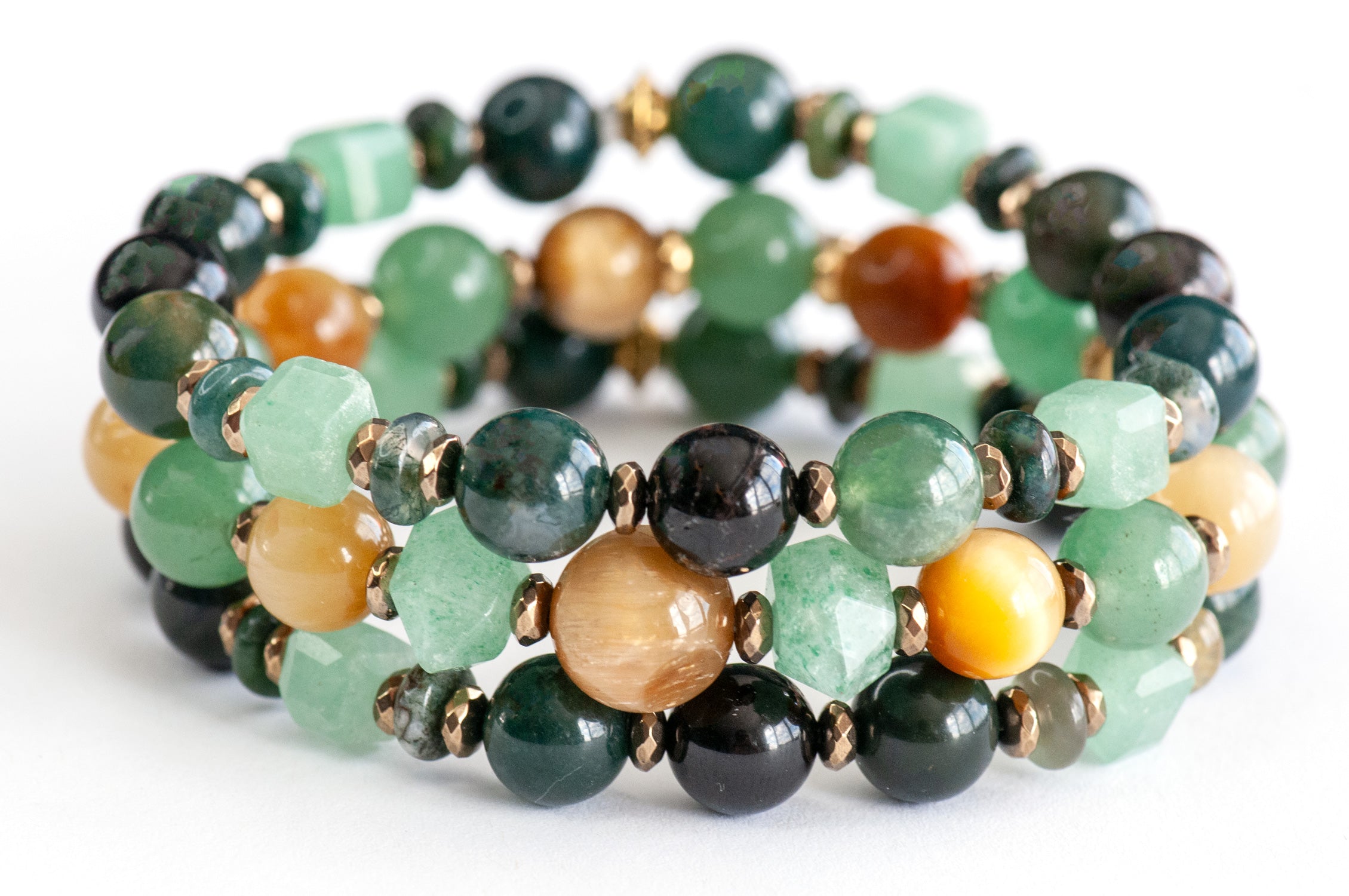 Fierce Earth elemental bracelet set, featuring Tiger Eye, Aventurine, Moss Agate, and Tourmaline
