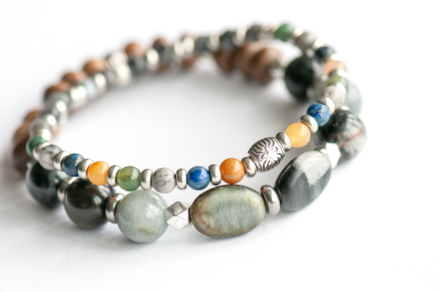 Manitoba Lynx Bracelet Set – Two handmade gemstone bracelets featuring Cat’s Eye, Yellow Jade, Lapis Lazuli, and customizable charm options