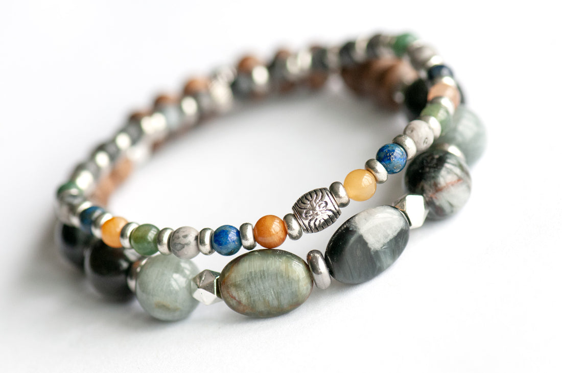 Manitoba Lynx Bracelet Set – Two handmade gemstone bracelets featuring Cat’s Eye, Yellow Jade, Lapis Lazuli, and customizable charm options