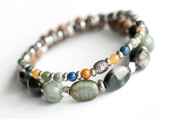 Manitoba Lynx Bracelet Set – Two handmade gemstone bracelets featuring Cat’s Eye, Yellow Jade, Lapis Lazuli, and customizable charm options