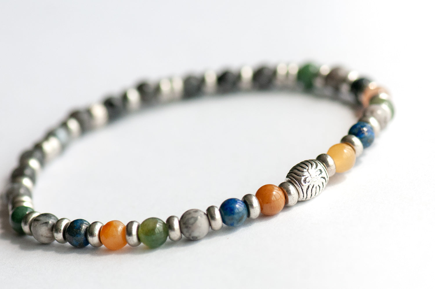Supporting bracelet from Manitoba Lynx Set – 4mm stones with charm, including Yellow Jade, Lapis Lazuli, Picture Jasper, Moss Agate, and Larvikite