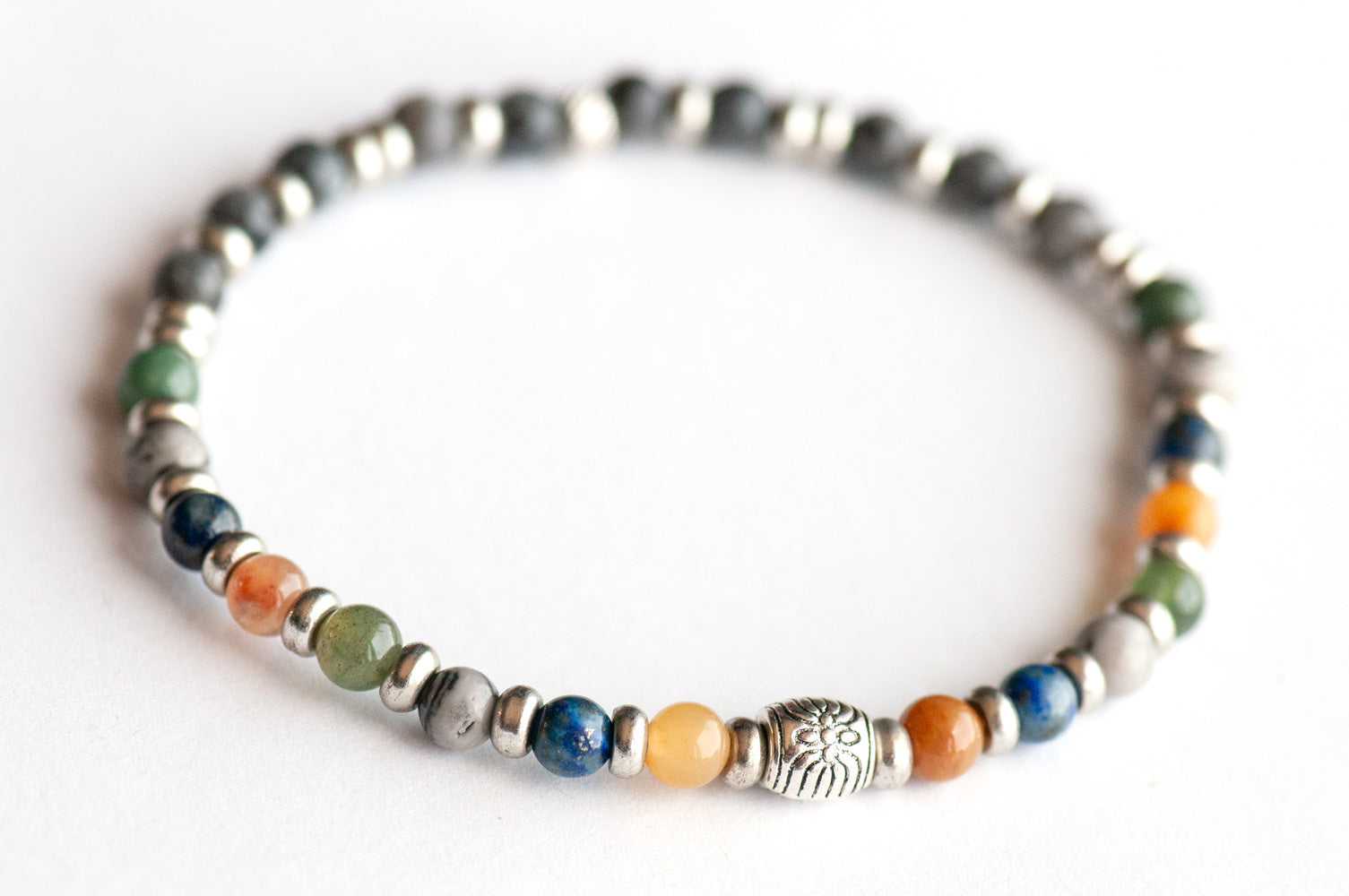 Supporting bracelet from Manitoba Lynx Set – 4mm stones with charm, including Yellow Jade, Lapis Lazuli, Picture Jasper, Moss Agate, and Larvikite
