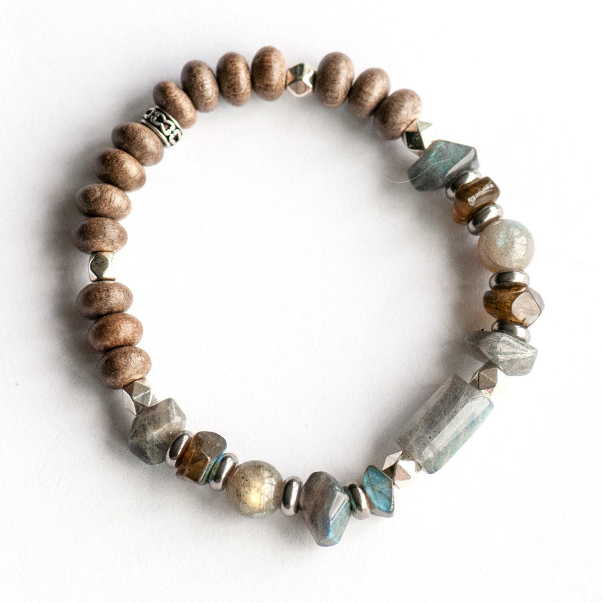Feature bracelet from Newfoundland & Labrador Lynx Set – Labradorite tube, AA-grade rounds, and free-form nuggets with grey wood beads and silver spacers