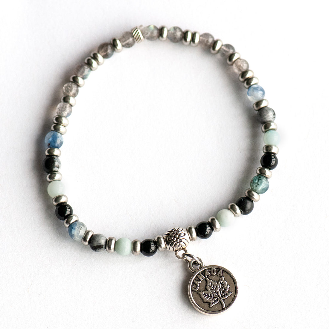 Newfoundland & Labrador Lynx Bracelet Set – Two handmade gemstone bracelets featuring Labradorite, Aquamarine, Onyx, and customizable charm options