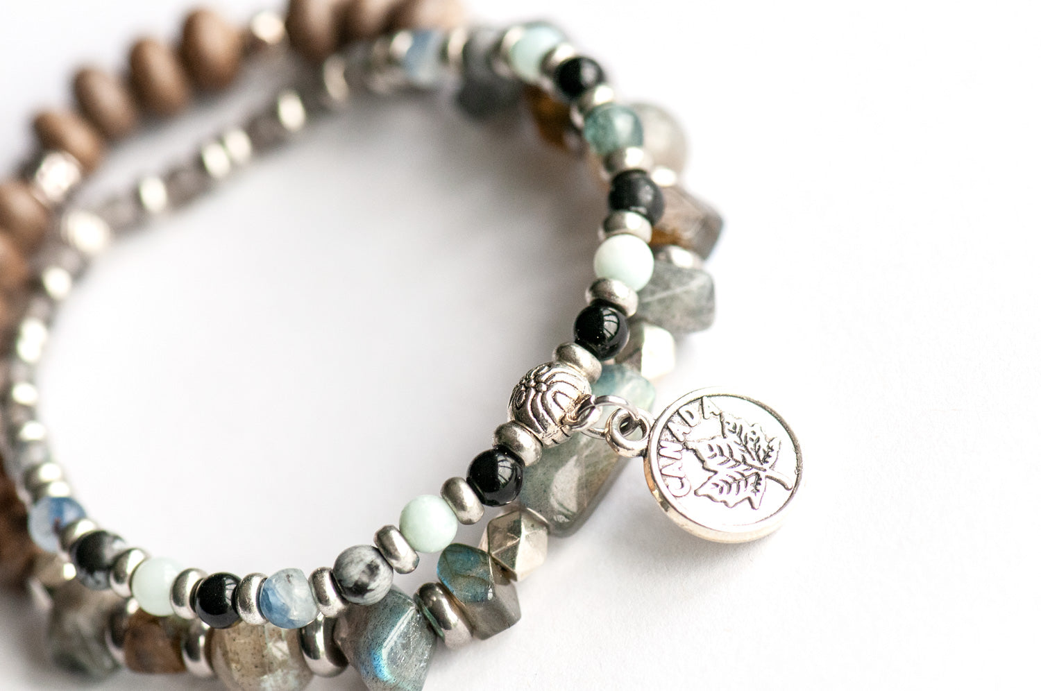 Newfoundland & Labrador Lynx Bracelet Set – Two handmade gemstone bracelets featuring Labradorite, Aquamarine, Onyx, and customizable charm options