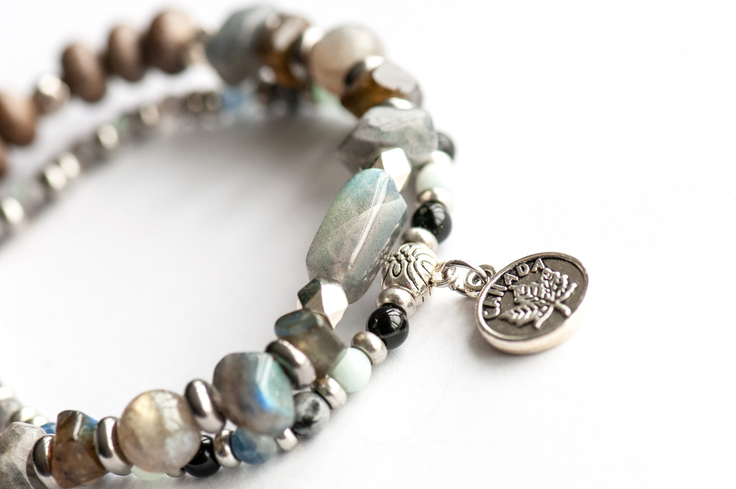 Newfoundland & Labrador Lynx Bracelet Set – Two handmade gemstone bracelets featuring Labradorite, Aquamarine, Onyx, and customizable charm options