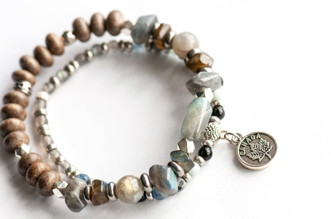 Newfoundland & Labrador Lynx Bracelet Set – Two handmade gemstone bracelets featuring Labradorite, Aquamarine, Onyx, and customizable charm options